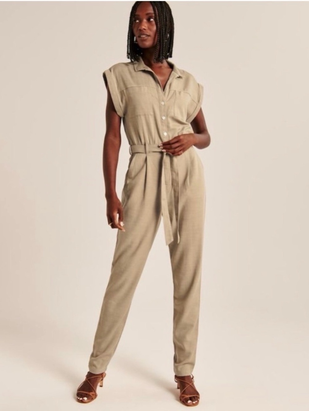 Abercrombie & Fitch Sleeveless Utility Jumpsuit in Khaki